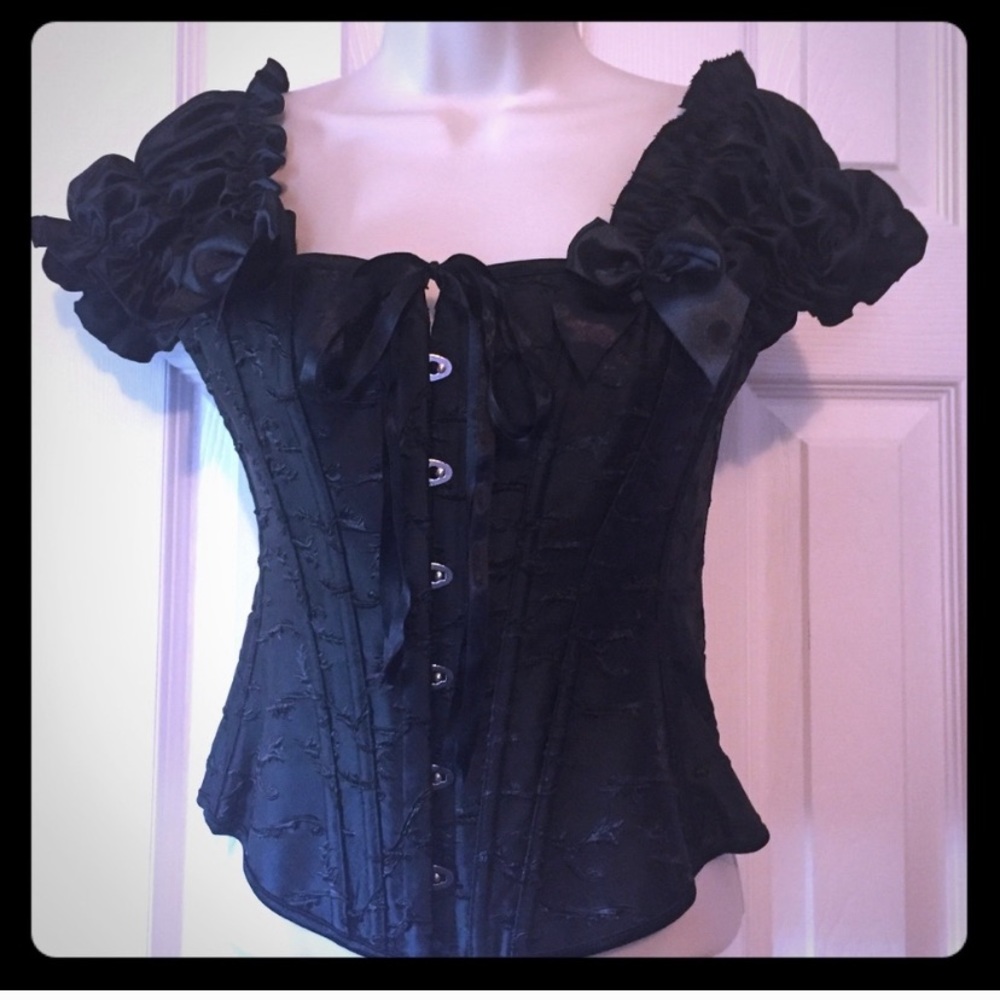 Black Satin Lace-up Corset Top with Sleeves